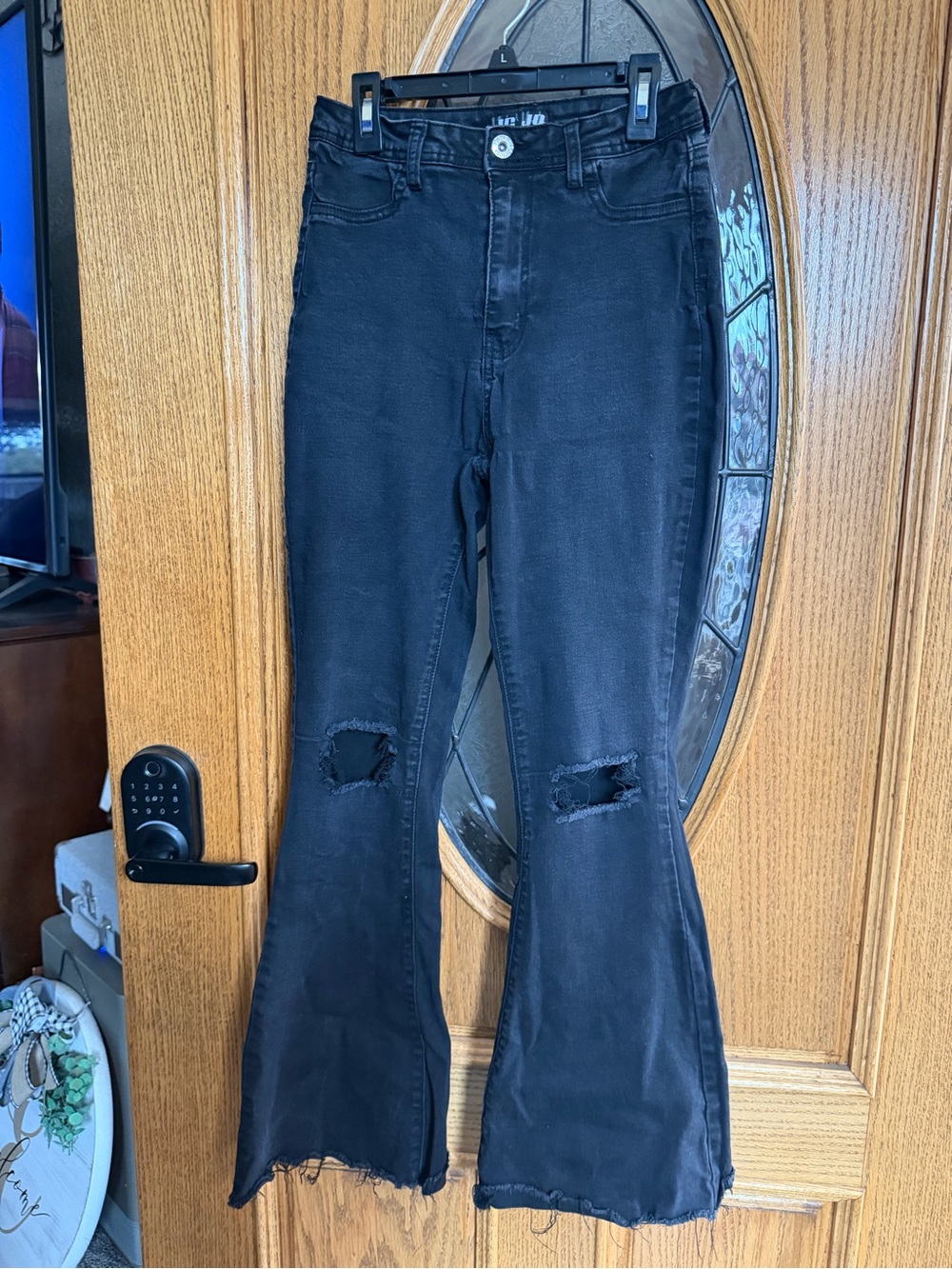 JC & JQ Frayed Hem Black Flare Jeans with Knee Rips